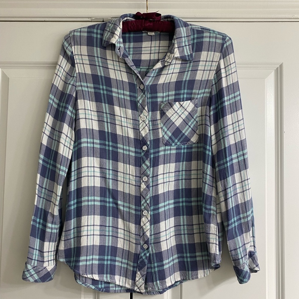 Beachlunchlounge Blue,White and green Plaid Shirt